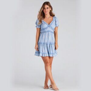 Windsor ✦ Ruffle A-Line Mini Dress ✦ Light Blue Puff Sleeve Scoop Neck Sz S NWOT